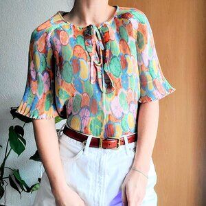 Leo & Ugo Paris Multicolor Fruit Stretchy Pleated Half Sleeve Tie Neck Blouse 1
